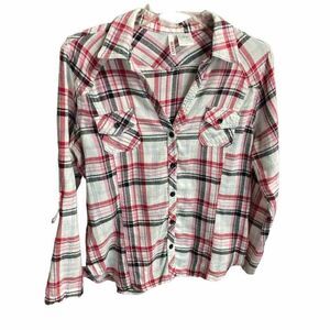 BONGO Women’s Pink, white & Black Plaid Flannel Shirt Size Large